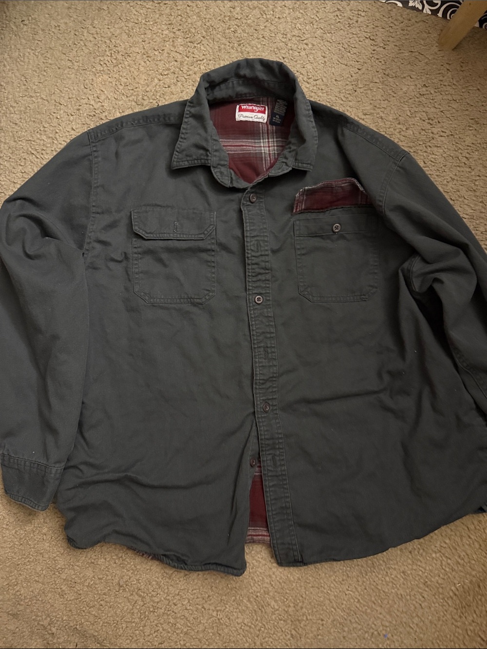 Wrangler Dark Gray Long-Sleeve Shirt Jacket with Red Plaid Lining